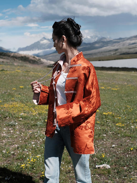 盛唐牡丹 |限量款| 真丝漳绒对襟外套柿子红 商品图5