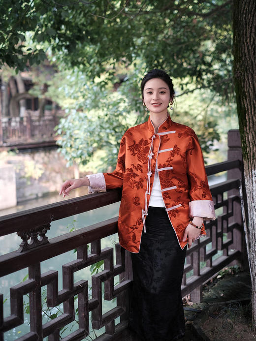 盛唐牡丹 |限量款| 真丝漳绒对襟外套柿子红 商品图1