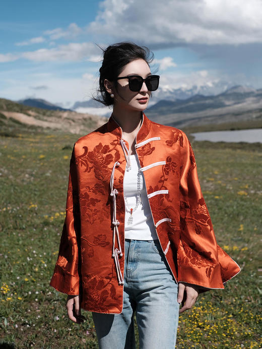 盛唐牡丹 |限量款| 真丝漳绒对襟外套柿子红 商品图4