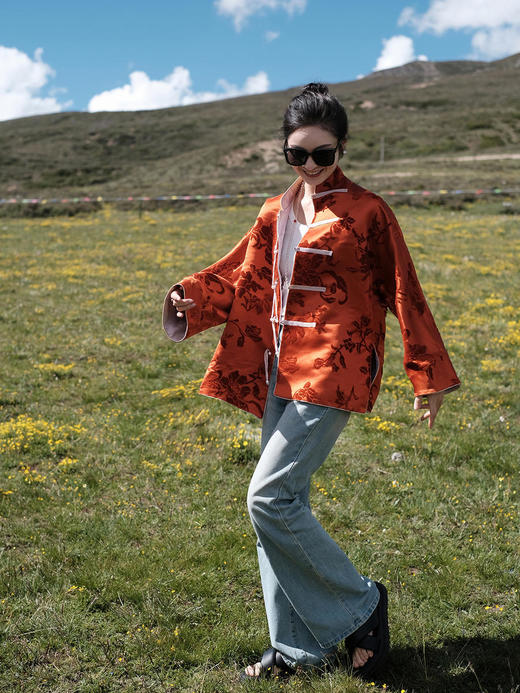 盛唐牡丹 |限量款| 真丝漳绒对襟外套柿子红 商品图10