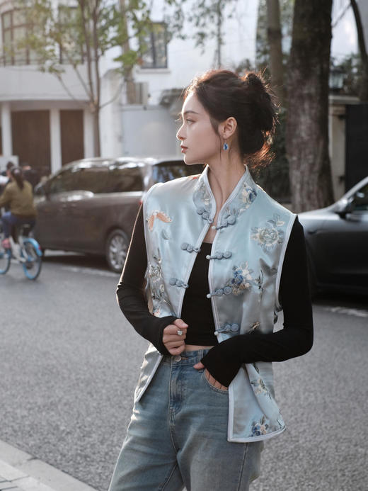 盛唐牡丹|手推绣立领盘扣对襟马甲 商品图7