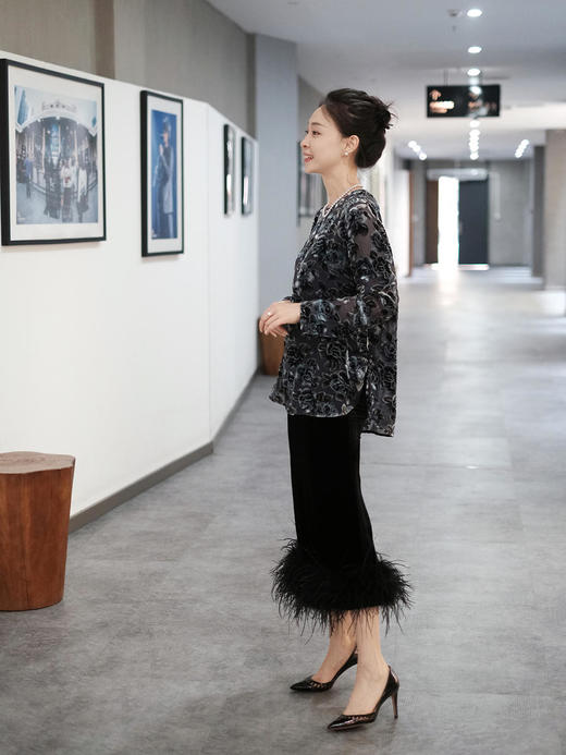 盛唐牡丹|丝绒黑色鸵鸟毛半裙（鸵鸟毛可拆卸） 商品图3