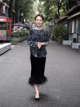 盛唐牡丹|丝绒黑色鸵鸟毛半裙（鸵鸟毛可拆卸）