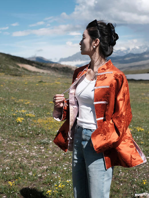 盛唐牡丹 |限量款| 真丝漳绒对襟外套柿子红 商品图6