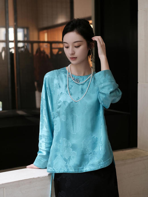 瑕疵|盛唐牡丹 |海青蓝石榴花纹样偏襟上衣[特价品](特殊商品不退不换) 商品图0