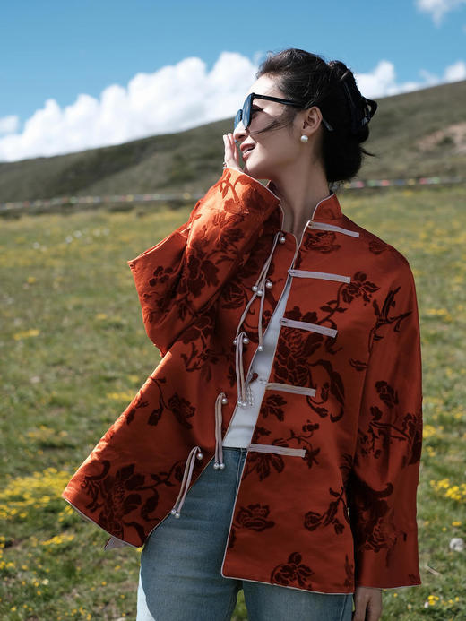 盛唐牡丹 |限量款| 真丝漳绒对襟外套柿子红 商品图9