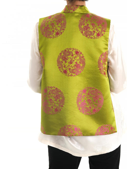 盛唐牡丹 | 双面穿花蕾缎立领马甲（实物红色面领口处无玉扣；绿色面实物有玉扣如照片所示） 商品图6