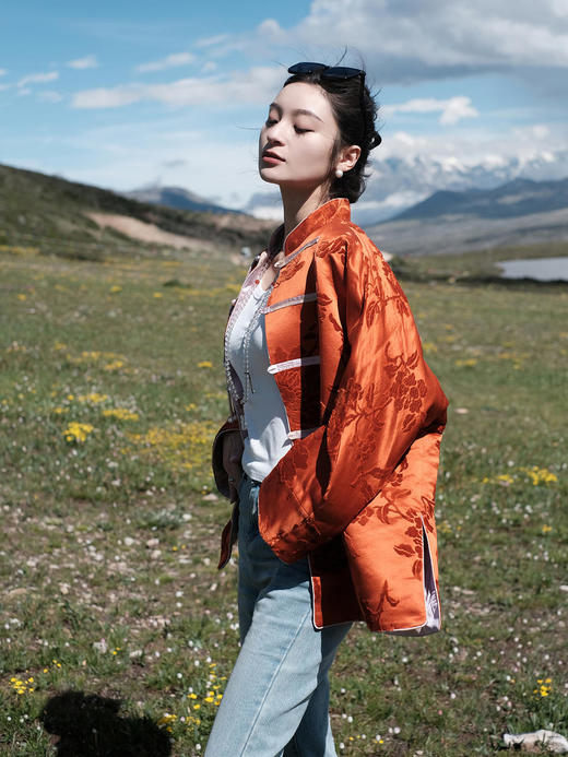 盛唐牡丹 |限量款| 真丝漳绒对襟外套柿子红 商品图7