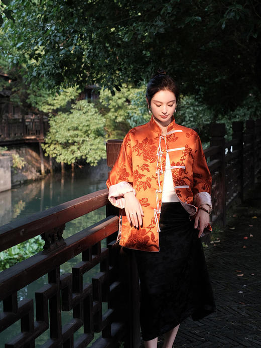 盛唐牡丹 |限量款| 真丝漳绒对襟外套柿子红 商品图3