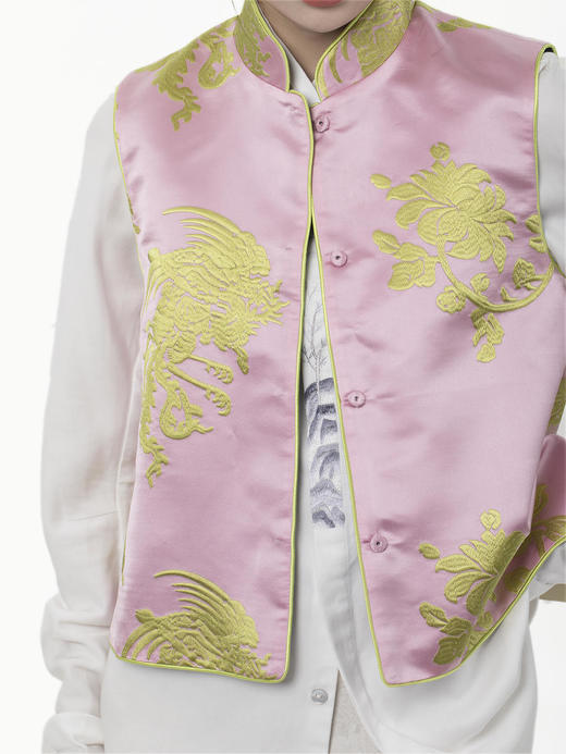 盛唐牡丹| 繁花似锦真丝锦缎+香云纱两面穿手推绣马甲 商品图0