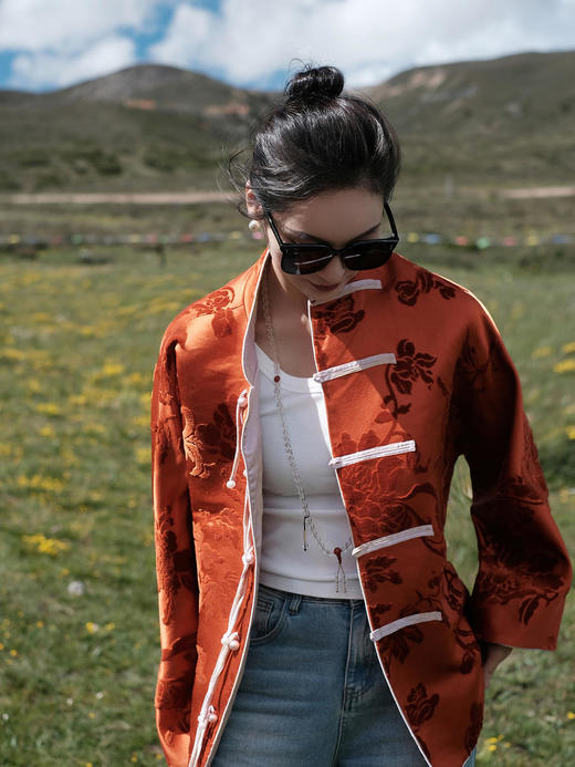 盛唐牡丹 |限量款| 真丝漳绒对襟外套柿子红 商品图11