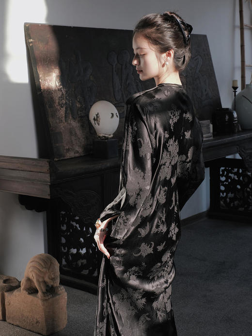 瑕疵|盛唐牡丹 |梅兰竹菊真丝冠乐皱斜襟旗袍裙[特价品](特殊商品不退不换) 商品图1