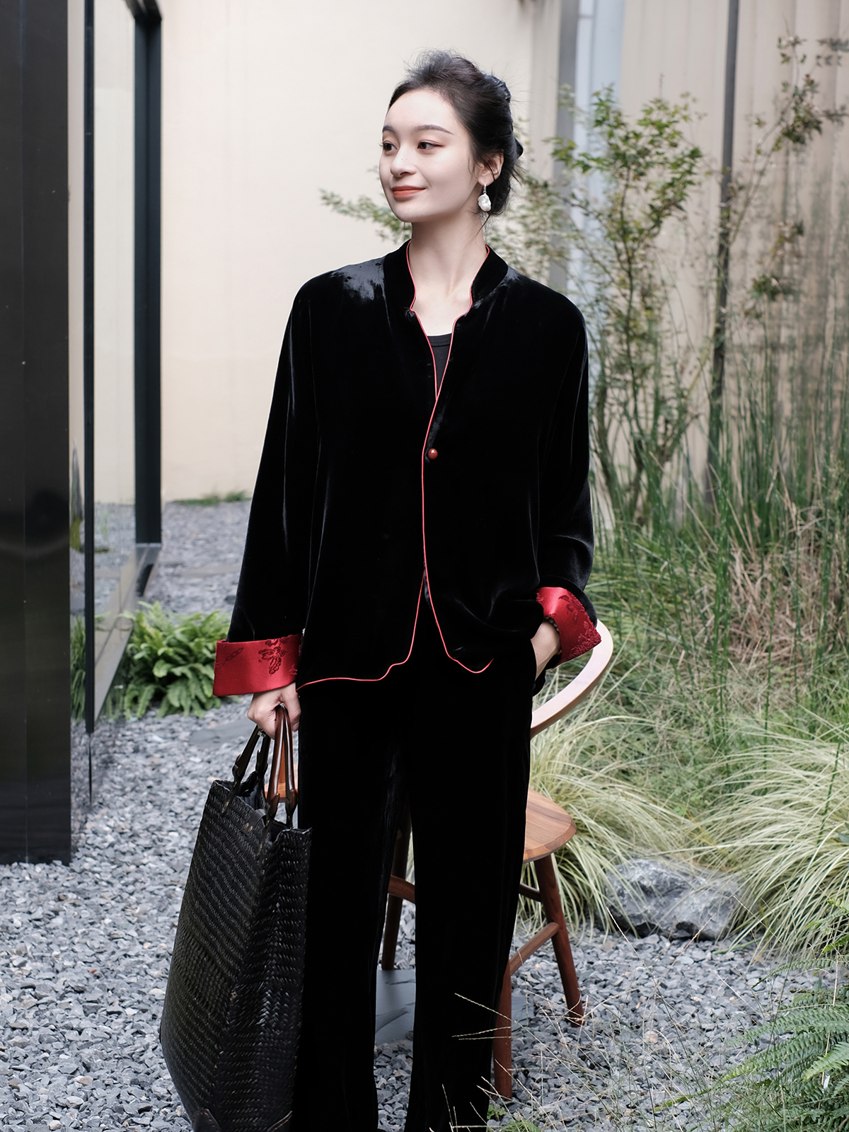 盛唐牡丹 |限量款真丝丝绒拼接漳绒一粒扣外套 (漳绒袖口各色)