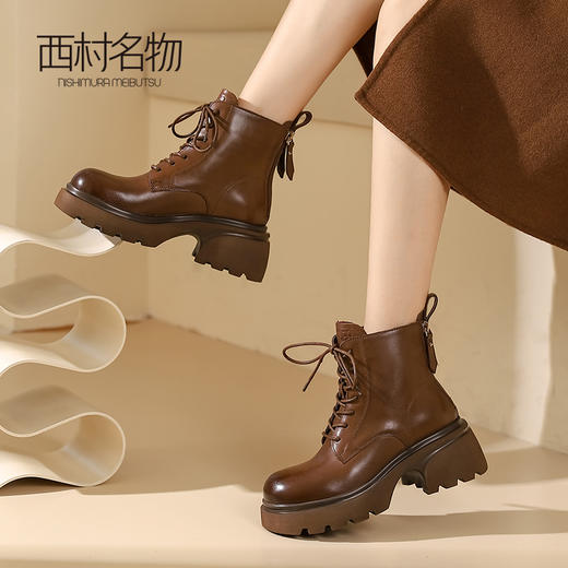 西村名物2023秋冬季新款厚底小个子增高厚底真皮马丁靴T23DS46021 商品图0