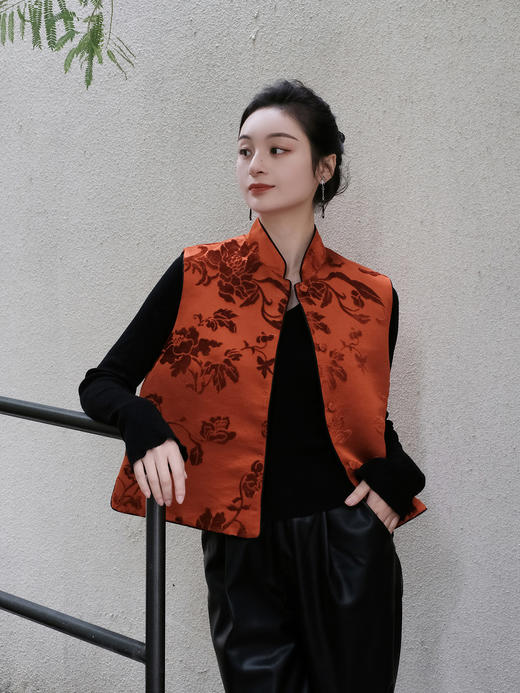 盛唐牡丹 |柿子红真丝漳绒对襟马甲 商品图5