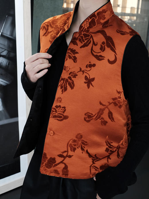 盛唐牡丹 |柿子红真丝漳绒对襟马甲 商品图6