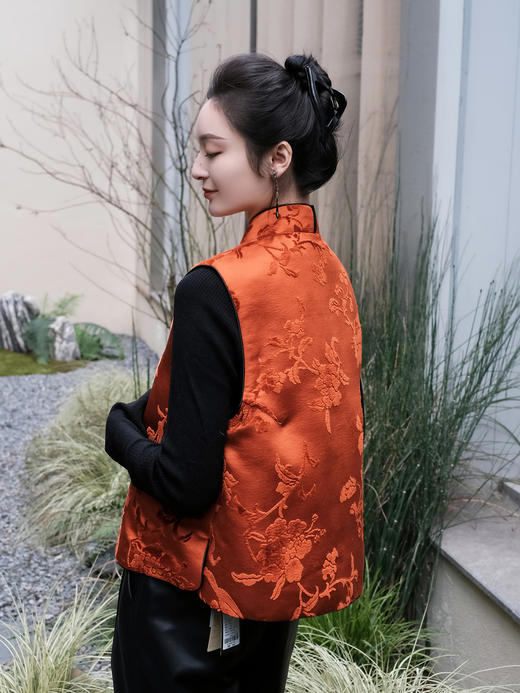 盛唐牡丹 |柿子红真丝漳绒对襟马甲 商品图2