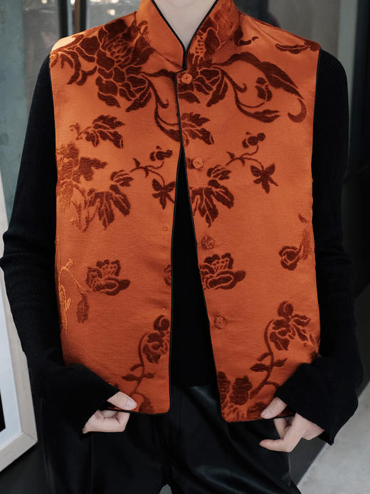 盛唐牡丹 |柿子红真丝漳绒对襟马甲 商品图7