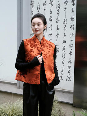 盛唐牡丹 |柿子红真丝漳绒对襟马甲