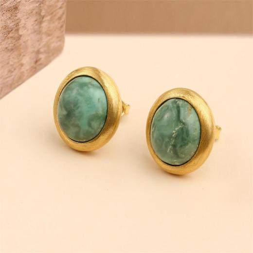 醍醐 思金拉措系列 藏式椭圆天然松石耳饰 气质耳钉 925银 商品图0