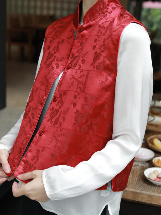 瑕疵|盛唐牡丹 |真丝提花立领马甲 (不夹棉） 商品图4