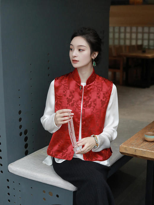 瑕疵|盛唐牡丹 |真丝提花立领马甲 (不夹棉） 商品图0