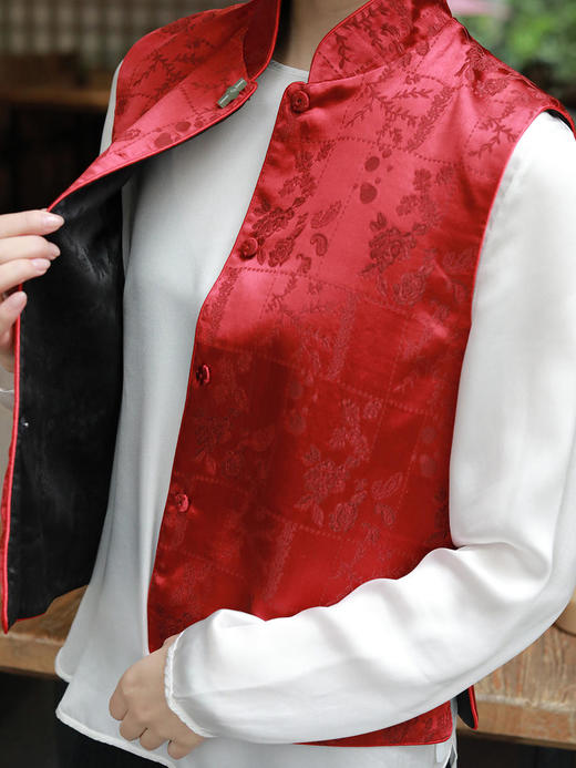 瑕疵|盛唐牡丹 |真丝提花立领马甲 (不夹棉） 商品图5