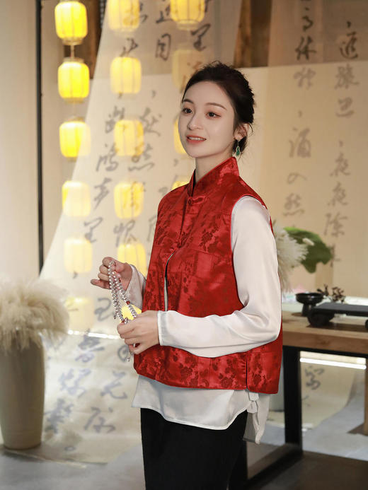 瑕疵|盛唐牡丹 |真丝提花立领马甲 (不夹棉） 商品图1