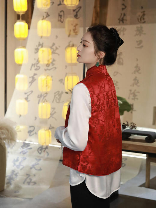 瑕疵|盛唐牡丹 |真丝提花立领马甲 (不夹棉） 商品图2