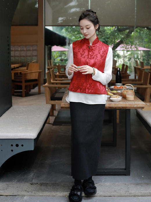 瑕疵|盛唐牡丹 |真丝提花立领马甲 (不夹棉） 商品图7