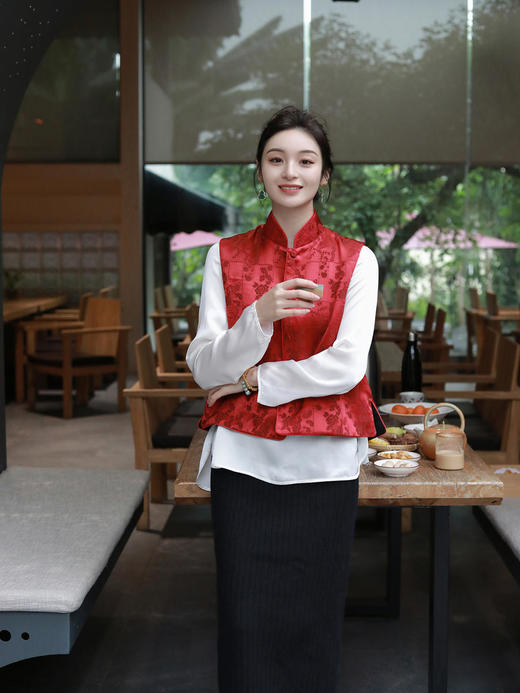 瑕疵|盛唐牡丹 |真丝提花立领马甲 (不夹棉） 商品图6