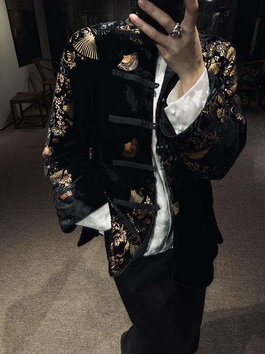 盛唐牡丹 |黑丝绒烫金对襟外套(不夹棉） 商品图1