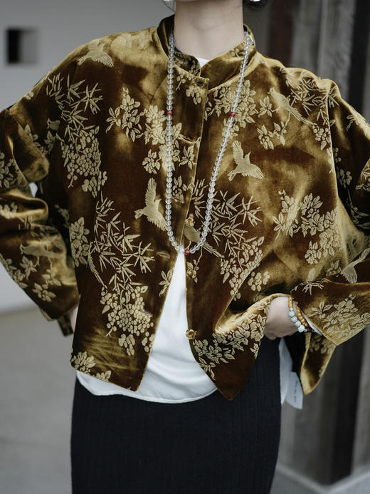 盛唐牡丹 |丝绒小鸟双面穿外套 (不夹棉) (实物的棕色一面为黑扣子.不是棕色扣子) 商品图8