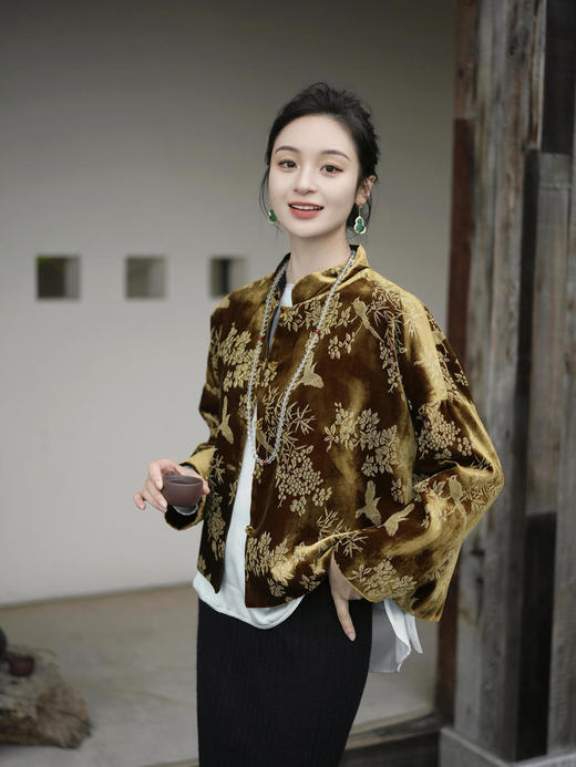 盛唐牡丹 |丝绒小鸟双面穿外套 (不夹棉) (实物的棕色一面为黑扣子.不是棕色扣子) 商品图6