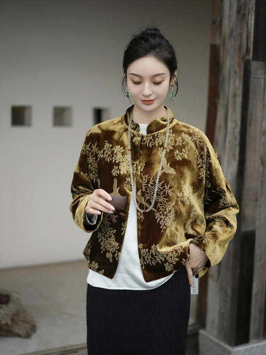 盛唐牡丹 |丝绒小鸟双面穿外套 (不夹棉) (实物的棕色一面为黑扣子.不是棕色扣子) 商品图5