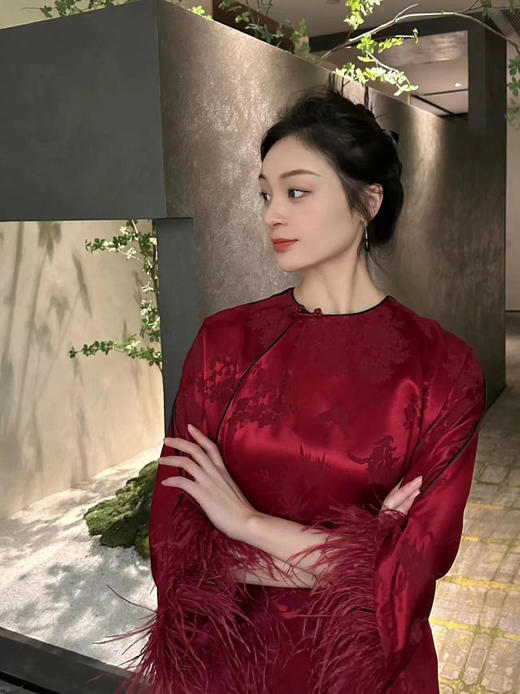 盛唐牡丹 |勃艮第红冠乐绉斜襟上衣 商品图9