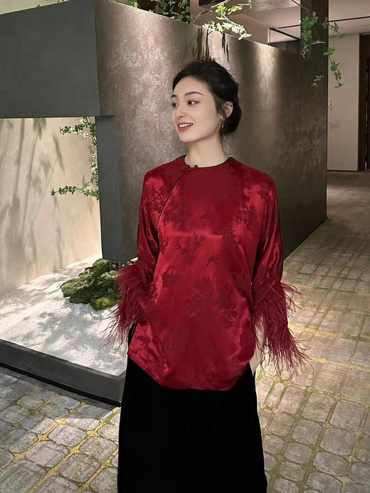 盛唐牡丹 |勃艮第红冠乐绉斜襟上衣 商品图8