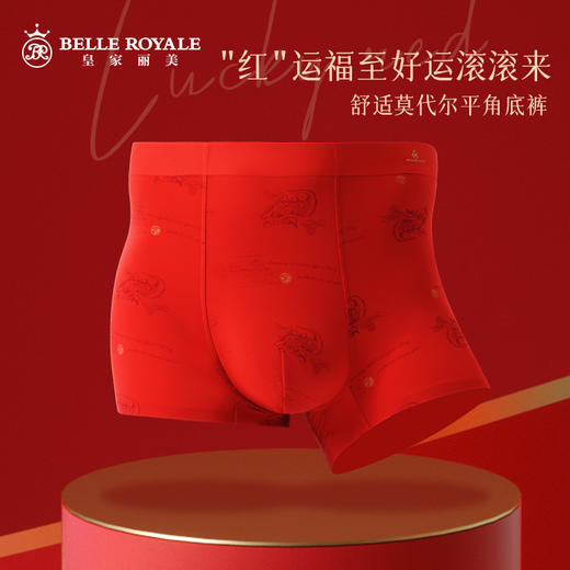 【99元4条】鸿运内裤男士秋冬莫代尔纯棉男款四角短裤红色结婚平角裤头DKN1186 商品图0