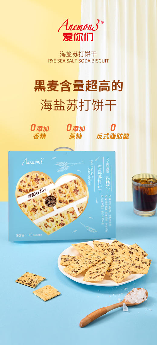 【A3爱你们-海盐饼干1kg】 Anemon3爱你们海盐苏打饼干”盒马同款“ 一口飞到欧洲地中海，从不吃苏打饼干的我这次滑跪了 吊打同类苏打饼干，健身党，熬夜，看球党的零食， 商品图0