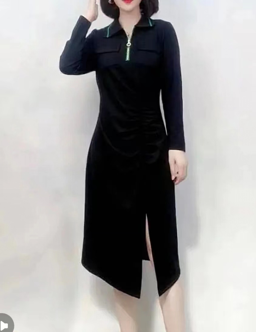 C6146       POLO领气质修身显瘦褶皱开叉连衣裙（特价不退换）