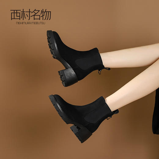 西村名物2023秋冬新品真皮磨砂粗跟时尚气质切尔西靴女X23DS45591 商品图3