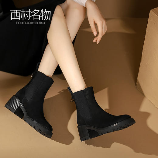 西村名物2023秋冬新品真皮磨砂粗跟时尚气质切尔西靴女X23DS45591 商品图2