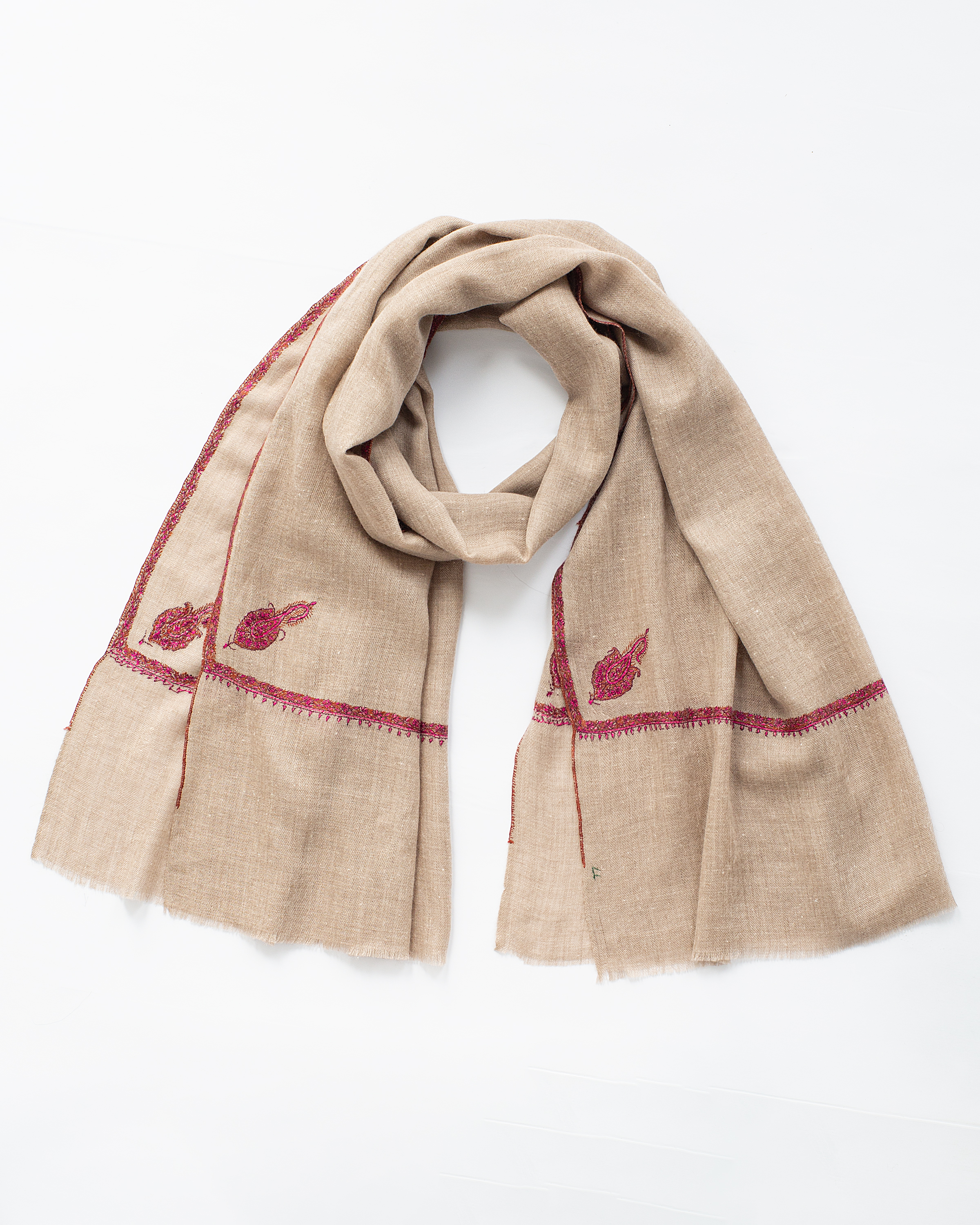 伽罗jalo 70cm宽边绣克什米尔pashmina自然色羊绒围巾