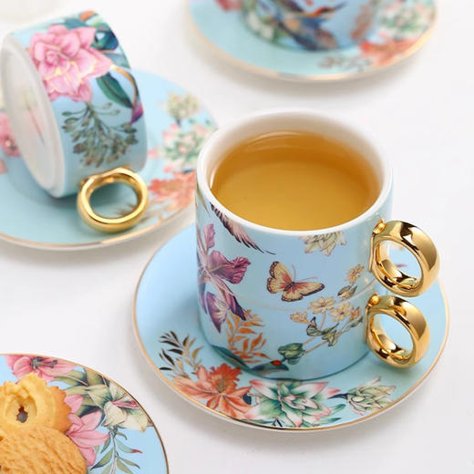 小奢华田园风高级感陶瓷轻奢咖啡杯杯碟套装家用客厅套装杯子水杯NYGWD诺轩叠叠杯莺歌蝶舞4杯碟蓝色礼盒装 商品图2