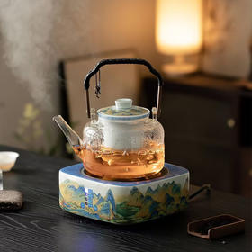 成艺-千里江山方形电陶炉(1000W)/玻璃煮茶壶(600ml)