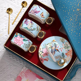 小奢华田园风高级感陶瓷轻奢咖啡杯杯碟套装家用客厅套装杯子水杯NYGWD诺轩叠叠杯莺歌蝶舞4杯碟蓝色礼盒装