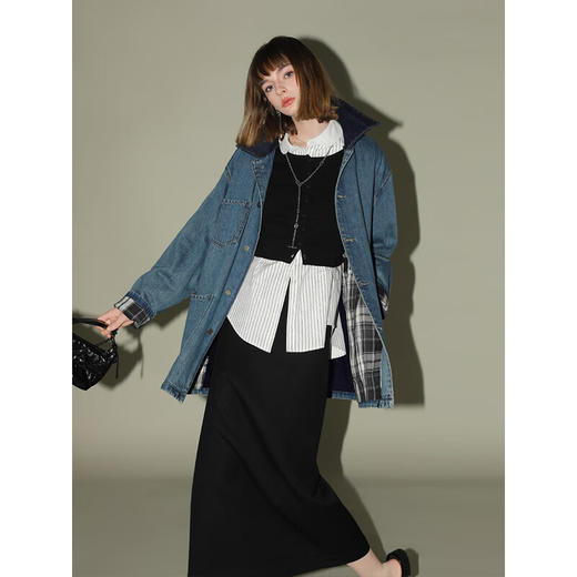 【限时特惠】COCOBELLA复古撞色格子重工牛仔外套休闲宽松丹宁风衣DN0008 商品图2