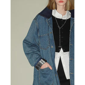【限时特惠】COCOBELLA复古撞色格子重工牛仔外套休闲宽松丹宁风衣DN0008