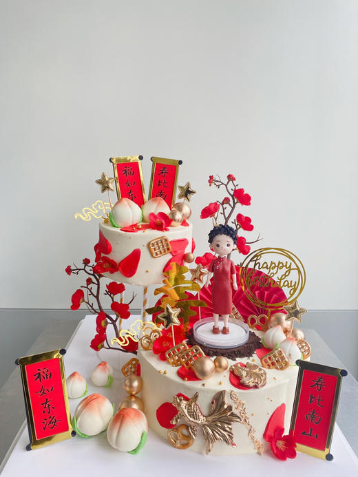 「祝寿」错层 梅花 祝寿蛋糕 图三翻糖人物需单独收费 商品图2