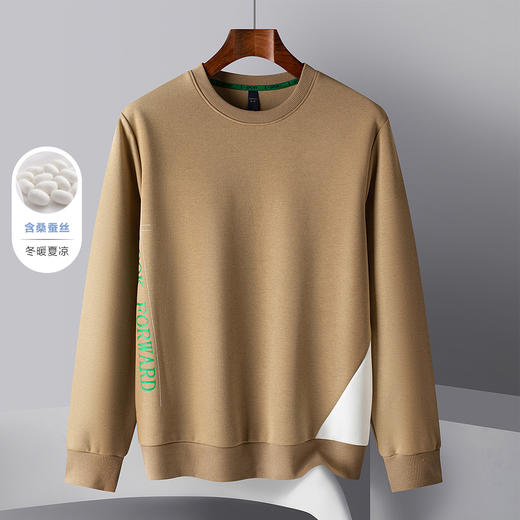 【桑蚕丝混纺 多色】罗蒙春秋男装字母印花卫衣男士撞色拼接卫衣休闲百搭圆领长袖T恤男 商品图4